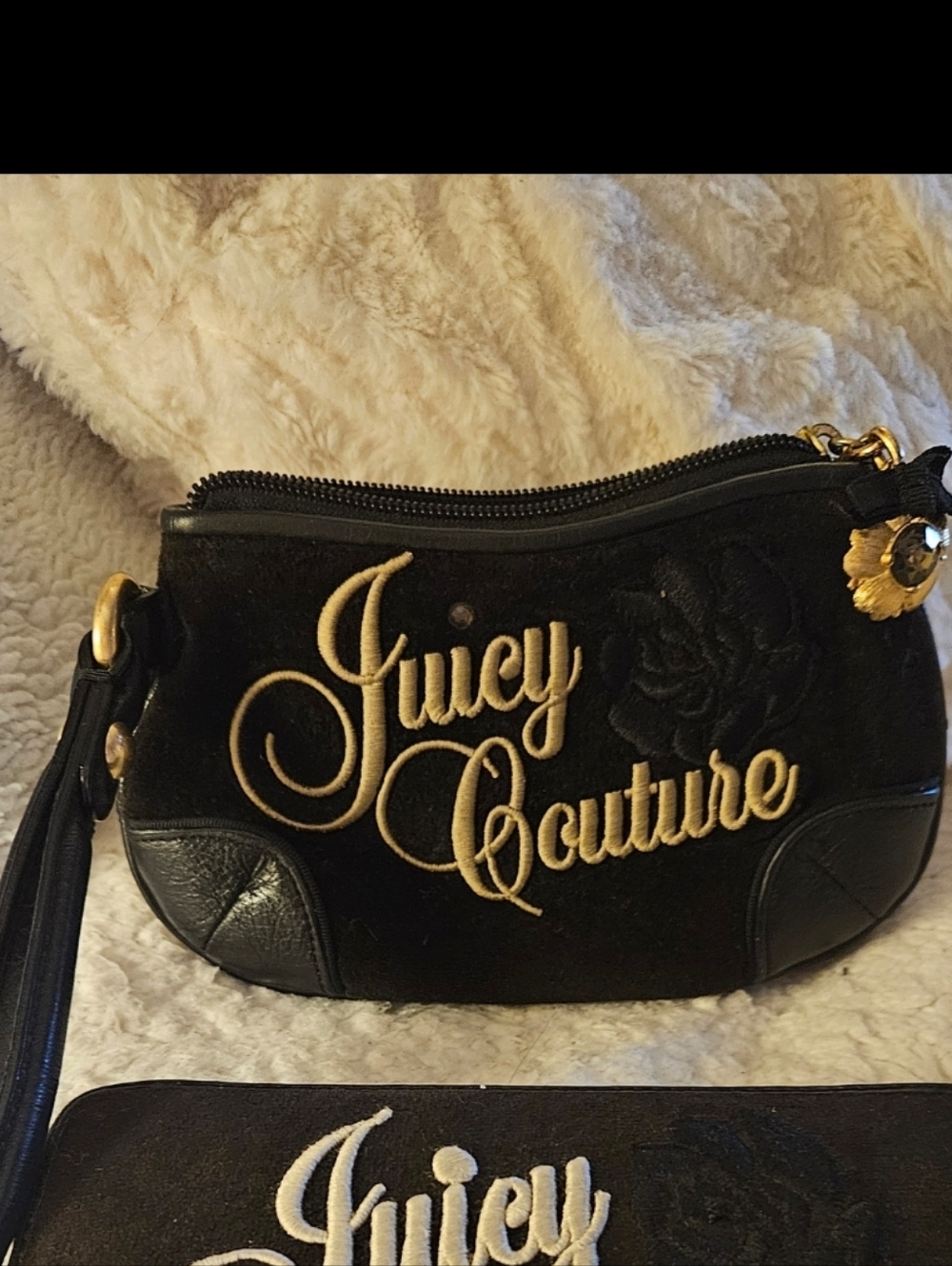 Juicy Couture Y2k Black And Gold Velour Embroidered Wristlet Clutch With Charm